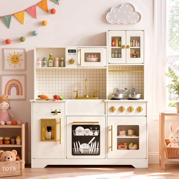 LINLUX Wooden Kids Kitchen Playset, Pretend Kitchen Toy with Rotating ...