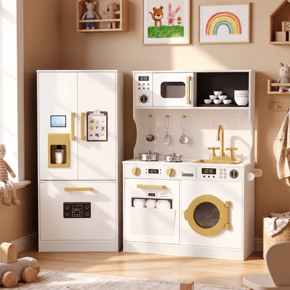 LINLUX Wooden Kids Play Kitchen Set, Pretend Kitchen with Ice Maker, Fridge, Microwave & Sink, White