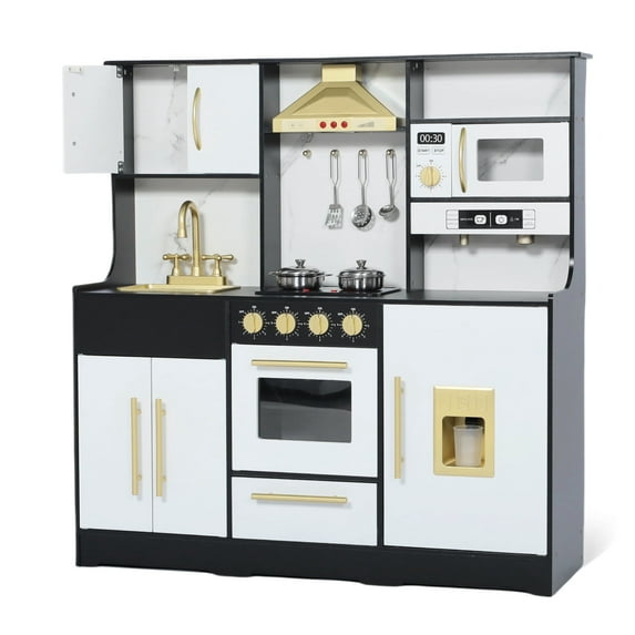 LINLUX Wooden Kids Play Kitchen, Toy Kitchen Playset For Toddler, Realistic Kitchen Sets Baby,Black