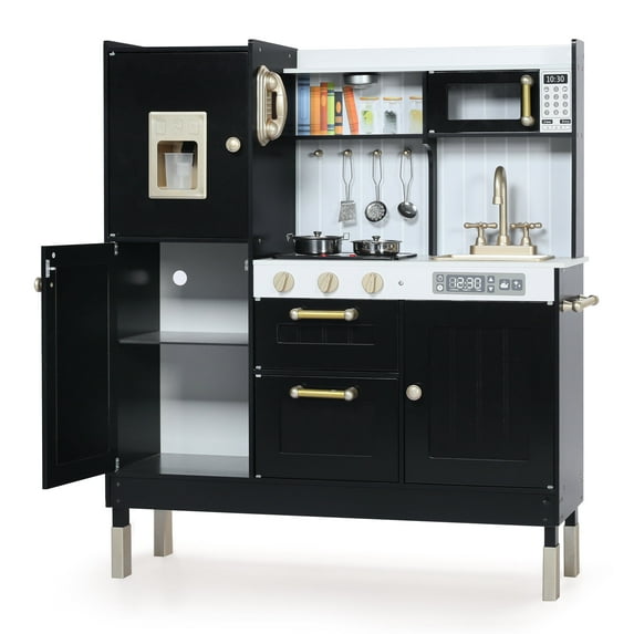 LINLUX Wooden Kids Play Kitchen, Toy Kitchen Playset For Toddler, Realistic Kitchen Sets Baby, Black
