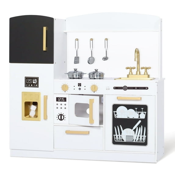 LINLUX Pretend Kids Play Kitchen, Toy Kitchen Playset for Toddler, Wood Kitchen Sets Baby, White