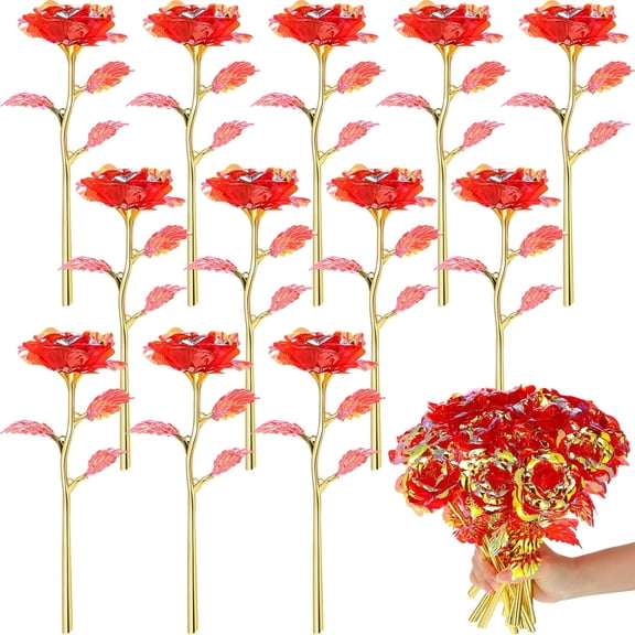 LINMOUA 12 Pcs Galaxy Rose Flowers Valentine's Day Gift Flowers with Stems Gift for Her Forever Preserved 24k Fake Crystal Rose for Mother's Day Birthday Wedding Decor, 10'' (Red)