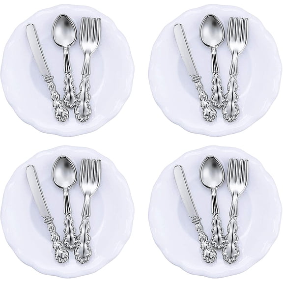 LINMOUA 4 Pieces 1: 12 Scale Miniature Dollhouse Plates and 12 Pieces Spoons Knives Forks Metal Tableware Kitchen Accessories Miniatures Porcelain Plate Set Dollhouse Decoration