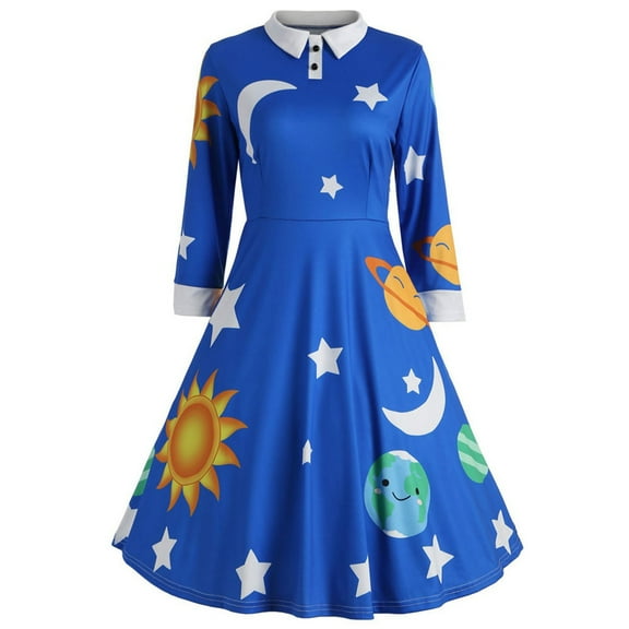 LINMOUA Vintage Women Peter Pan Collar Planet Print A-Line Flare Party Dress