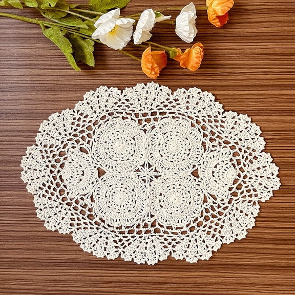 LINMOUA Lace Doilies Handmade Crochet Cloth Placemats 2pc, Vintage Decorate Floral Tablecloths, Beige,Oval12 x 17 Inch