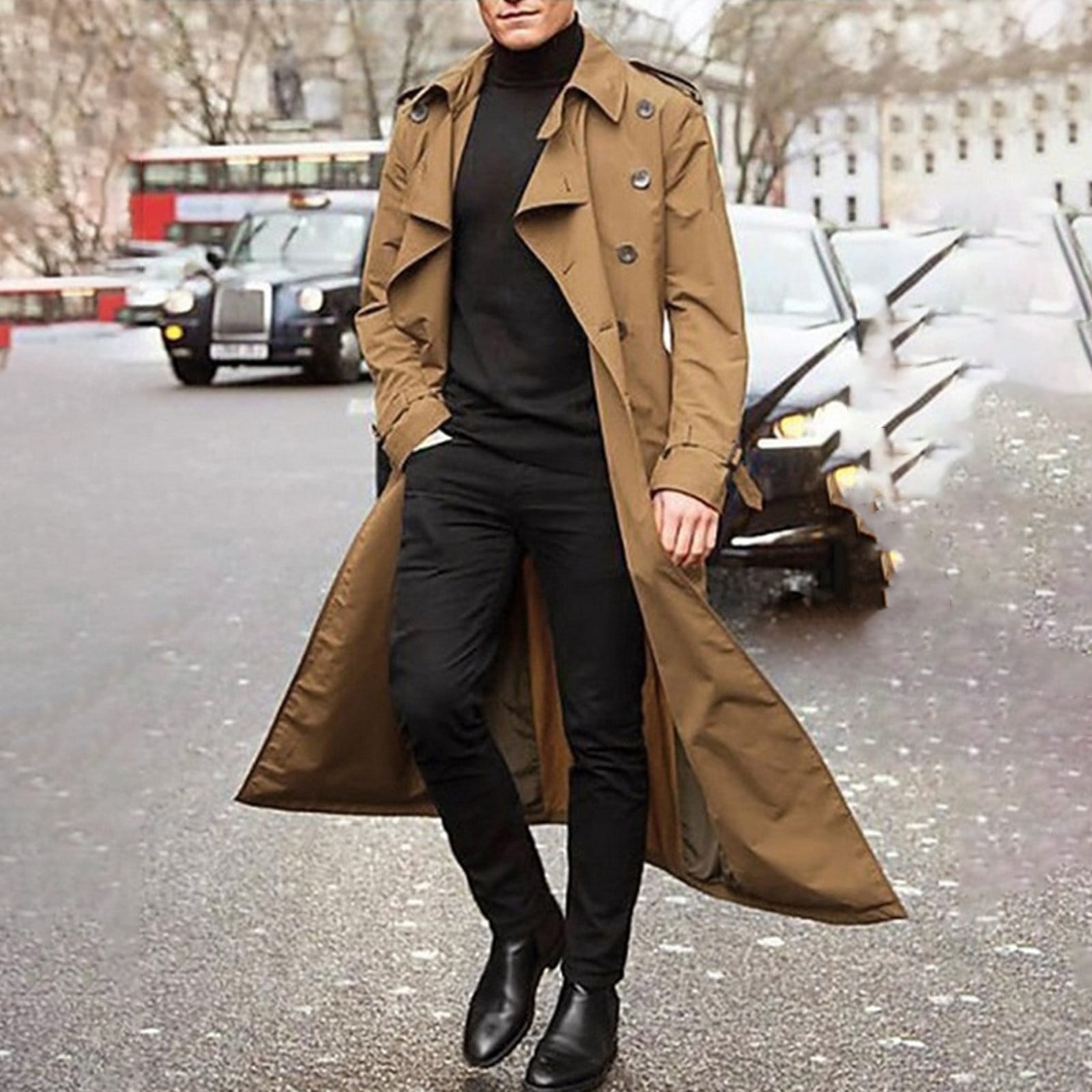 LINMOUA Men Long-Slevee Luxury Full Length Trench Coat Long Wool Overcoat  Winter Orange