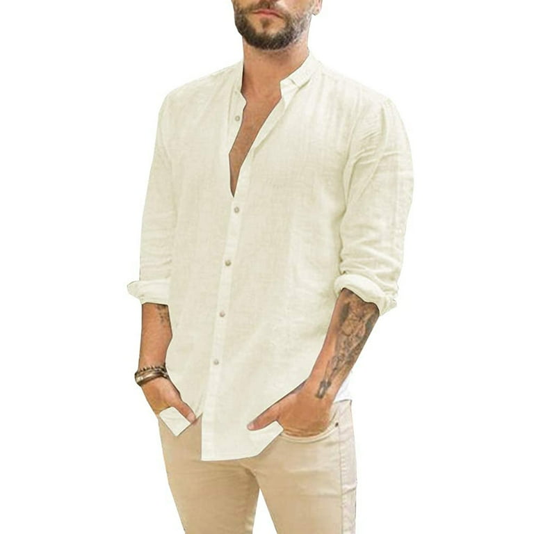 LINMOUA Men s Linen Long sleeved Casual Shirt Collarless Standing Collar Summer Top Beige M Walmart