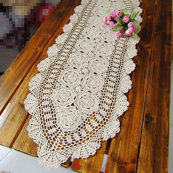 LINMOUA Oval Lace Table Runner Doilies, Lace Table Runner Doilies Dresser Scarf,15 Inch by 35 Inch for Bedrooms Furniture Wedding Party Home Dining Runner DecorationsBeige