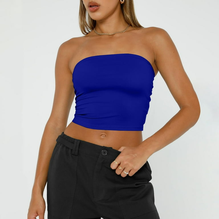 LINMOUA Summer Womens Tops 2024 Spring Tops Trendy Off Shoulder Pleated Strapless T Shirts for Women Sleeveless Tube Tops Tunic Plus Size Blouses Blue S Walmart