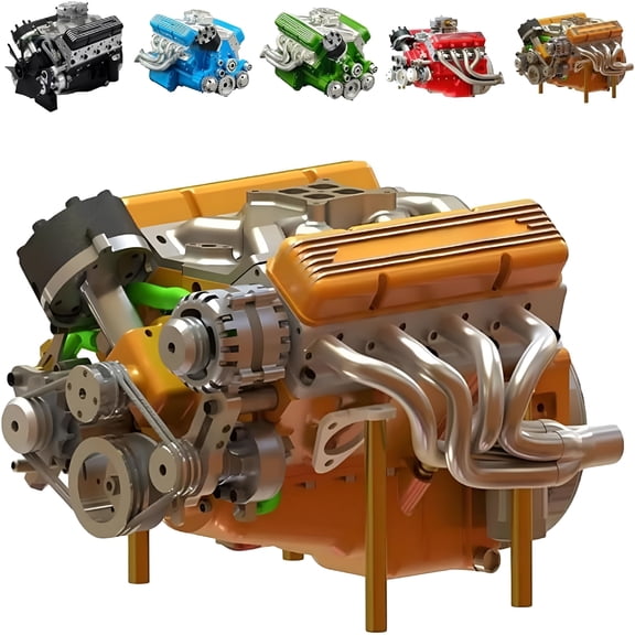 LINMOUA V8 Engine Kit Gasoline, Ohv V8 Small-Block Engine Model Kits, Mini V8 Engine Kit Runs on Gas, Build Your Own Mini Working V8 Engines Birthday Gifts for Adults (Yellow)