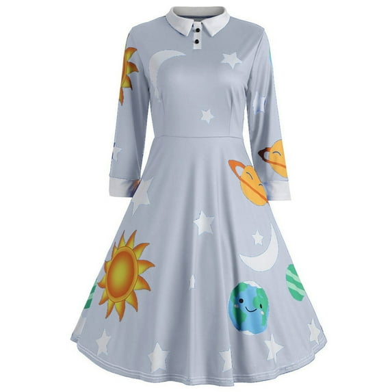 LINMOUA Vintage Women Peter Pan Collar Planet Print A-Line Flare Party Dress