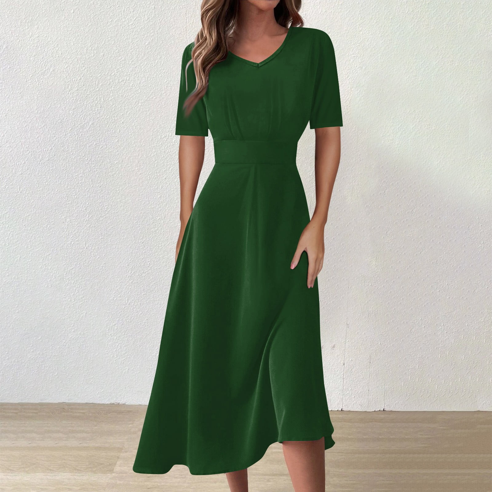 LINMOUA Women Boho Maxi Dress Short Sleeve V Neck Swiss Dot Smocked ...