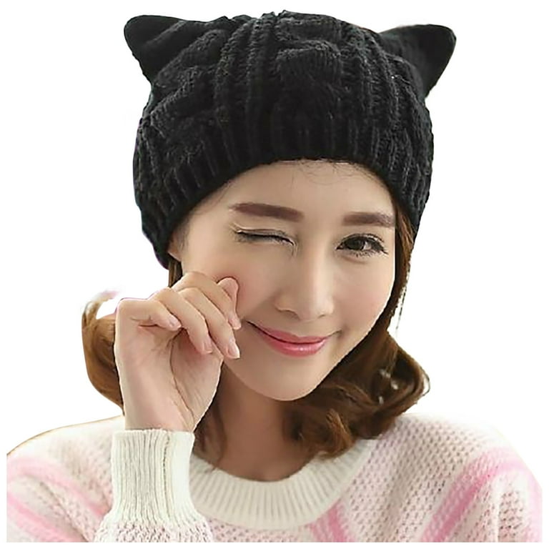 Slouchy Knit Black Cap Winter Soft Baggy Cat Ears Woolen Ski Hat LINMOUA Women Warm Hat Chunky