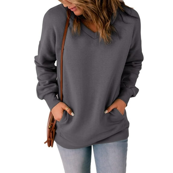 LINMOUA Womens Casual V Neck Sweatshirt Loose Soft Long Sleeve Pullover Tops Solid Shirts With Side Pockets