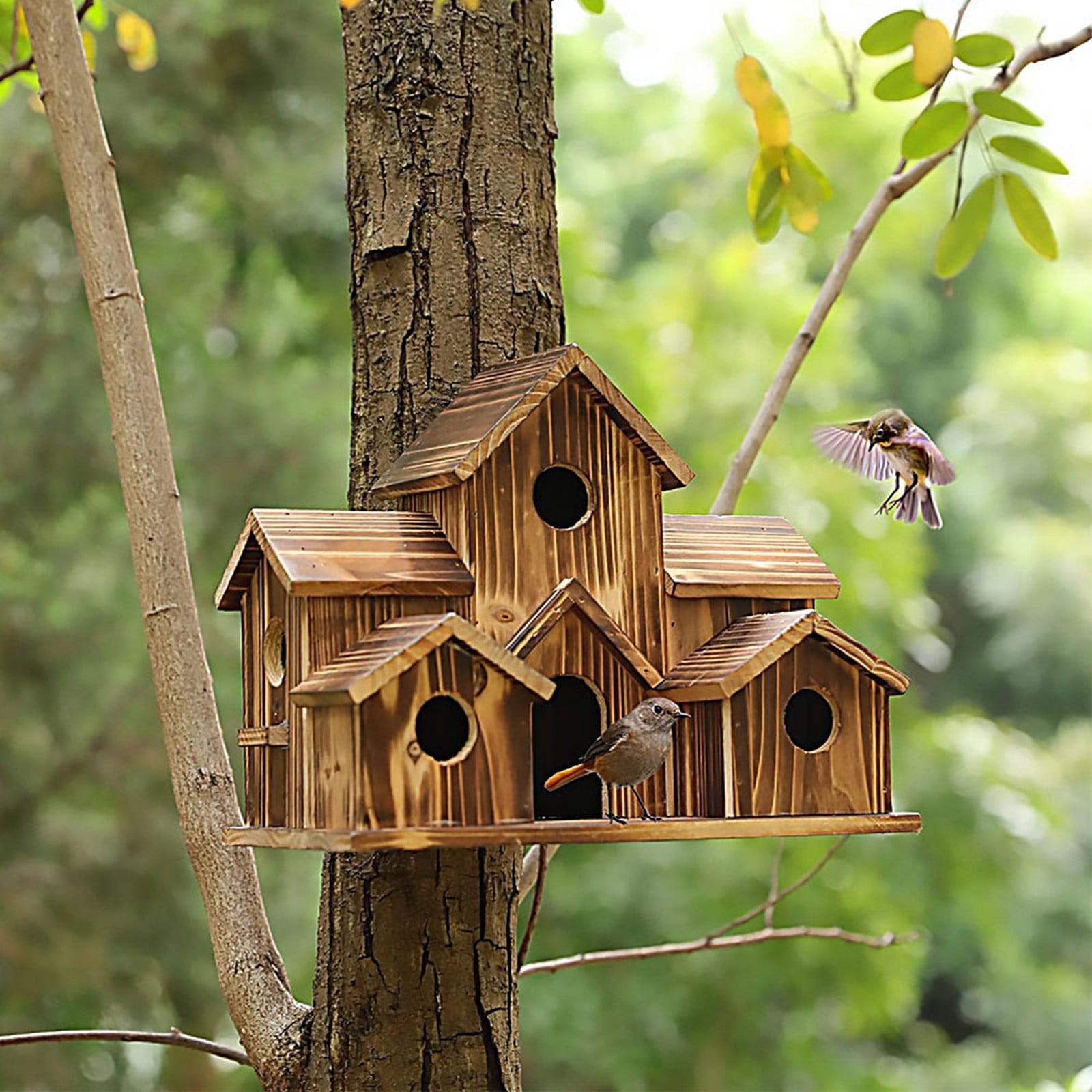 LINMOUA Wooden Bird House&Bird Feeder,Bird Houses for Outside,5 Hole Bird House for Outside
