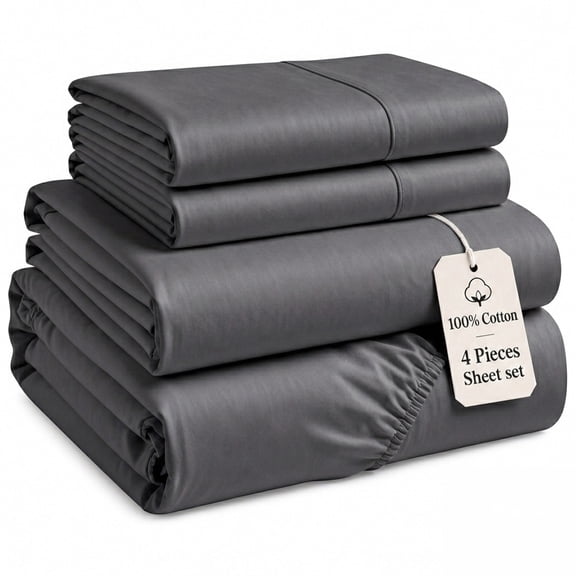 Linnene 4 Piece California King Size Sheets Set, 100% Long-Staple Cotton, Soft, Smooth & Silky Sateen, Fits up to 18", All Season Use (Charcoal Gray)