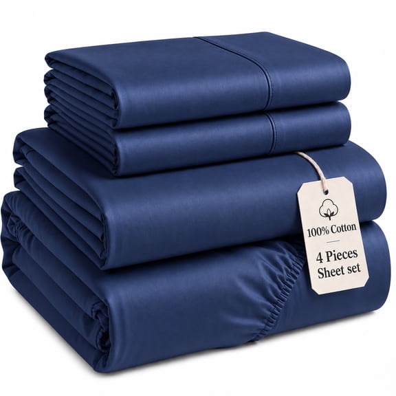 Linnene 4 Piece King Size Sheets Set, 100% Long-Staple Cotton, Soft, Smooth & Silky Sateen, Fits up to 18", All Season Use (Navy Blue)