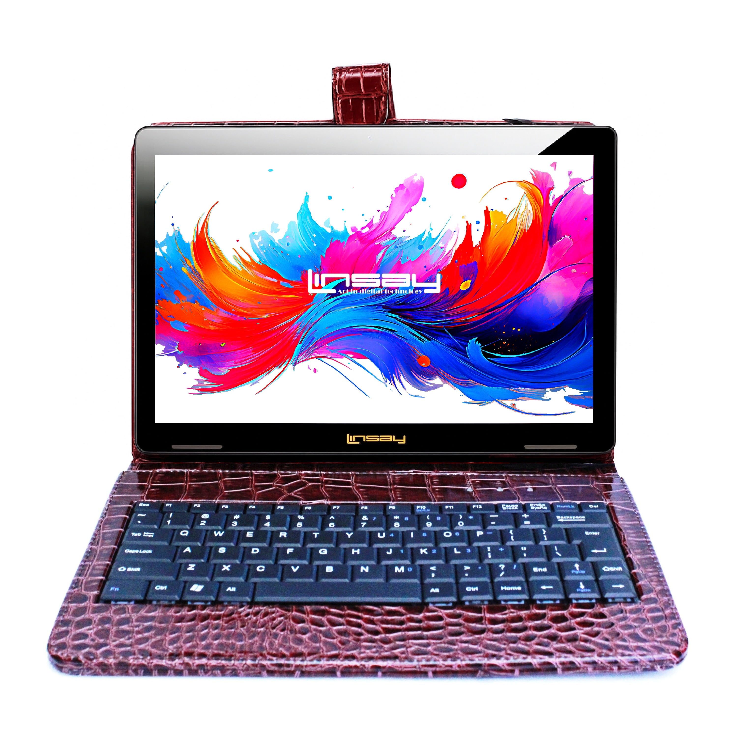 LINSAY 10.1" Octa Core 256GB Storage Android 15 Tablet with Brown Crocodile Keyboard