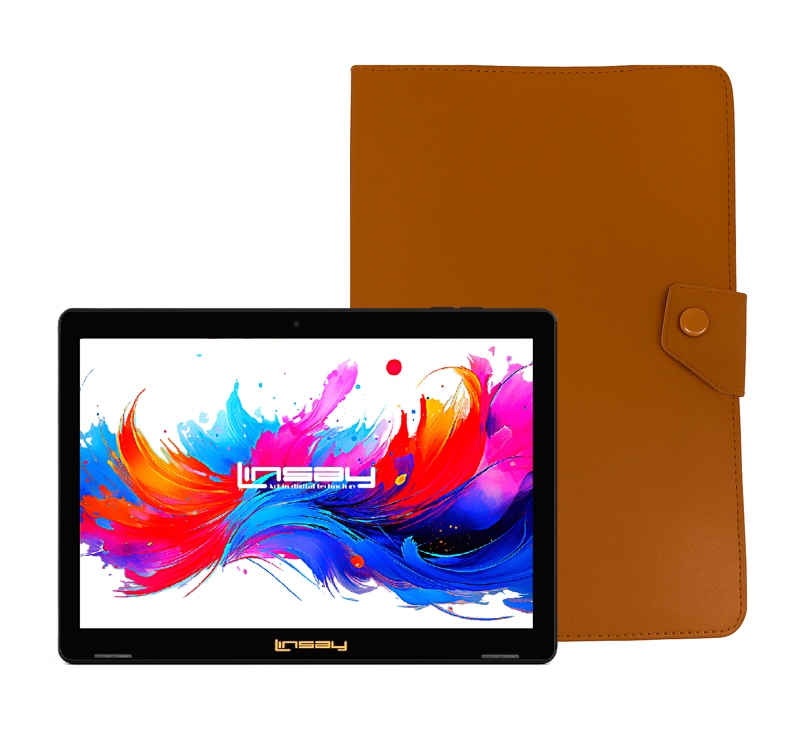 LINSAY 10.1" Octa Core 256GB Storage Android 15 Tablet with Brown Leather Case