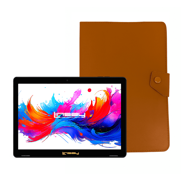 LINSAY 10.1" Octa Core 256GB Storage Android 15 Tablet with Brown Leather Case