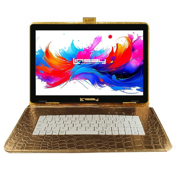 LINSAY 10.1" Octa Core 256GB Storage Android 15 Tablet with Golden Keyboard