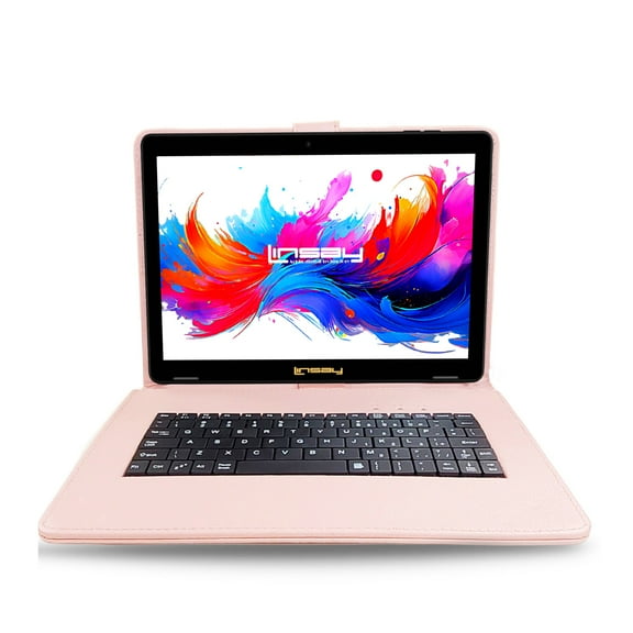 LINSAY 10.1"Octa Core 256GB Storage Android 15 Tablet with Pink Style Keyboard