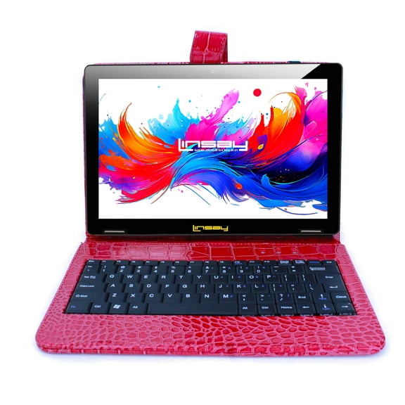 LINSAY 10.1" Octa Core 256GB Storage Android 15 Tablet with Red Crocodile Keyboard
