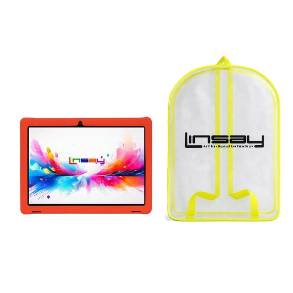 LINSAY 10.1"Octa Core 256GB Storage Android 15 Tablet with Red Kids Defender Case and Backpack