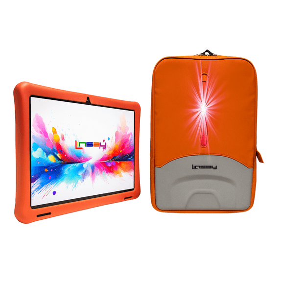 LINSAY 10.1"Octa Core 256GB Storage Android 15 Tablet with Red Kids Defender Case and LED Backpack Orange