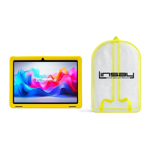 LINSAY 10.1' Octa Core 128GB Android 15 WiFi Tablet for kids, Camera, Apps, Games, Learning Tab for Children with Yellow Kid Defender Case, Backpack, Pop Holder and Pen Stylus
