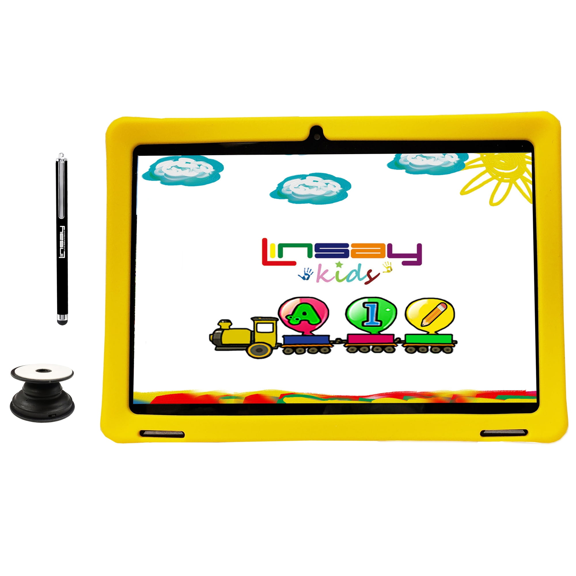 LINSAY 10.1'' Octa Core 4GB RAM 128GB Android 13 WiFi Tablet for kids, Camera, Apps, Games, Learning Tab for Children with Yellow Kid Defender Case, Pop Holder and Pen Stylus