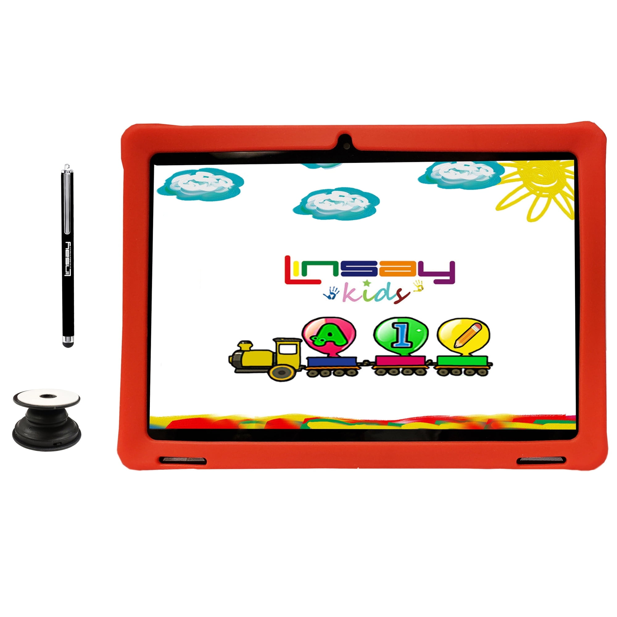 LINSAY 10.1'' Octa Core 4GB RAM 128GB Android 15 Wi-Fi Tablet for kids, Camera, Apps, Games, Learning Tab for Children with Red Kid Defender Case, Pop Holder and Pen Stylus