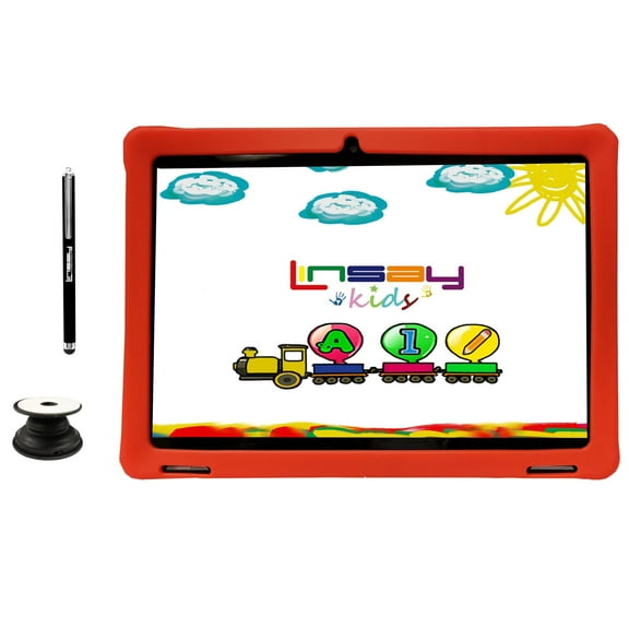 LINSAY 10.1'' Octa Core 4GB RAM 128GB Android 15 Wi-Fi Tablet for kids, Camera, Apps, Games, Learning Tab for Children with Red Kid Defender Case, Pop Holder and Pen Stylus