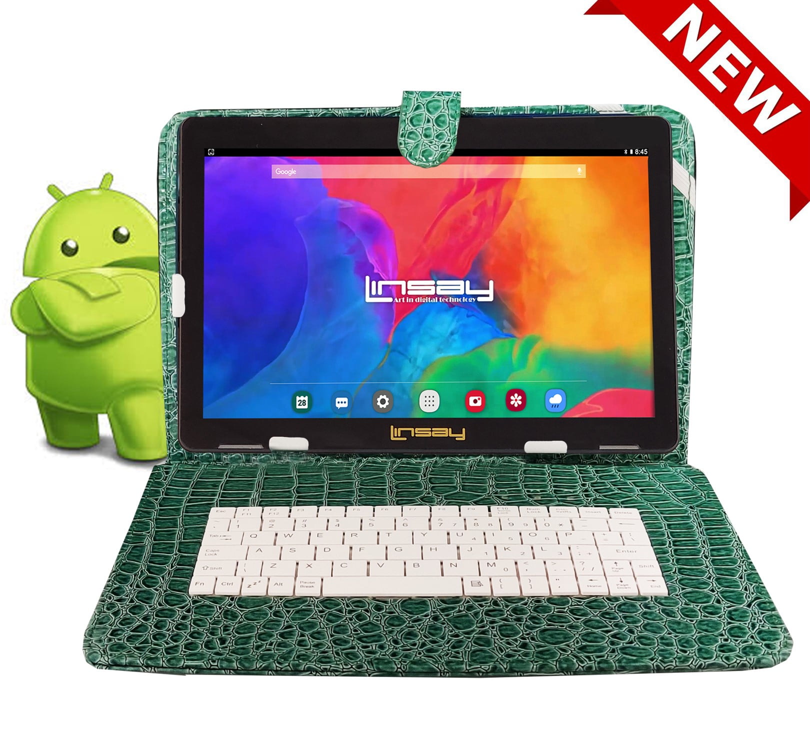 LINSAY 10.1" Octa Core 4GB RAM 128GB Storage Android 13 Tablet with Luxury Keyboard Green Crocodile Style, Pop Holder and Pen Stylus