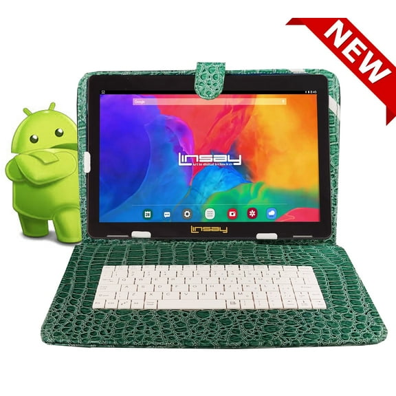 LINSAY 10.1" Octa Core 4GB RAM 128GB Storage Android 13 Tablet with Luxury Keyboard Green Crocodile Style, Pop Holder and Pen Stylus