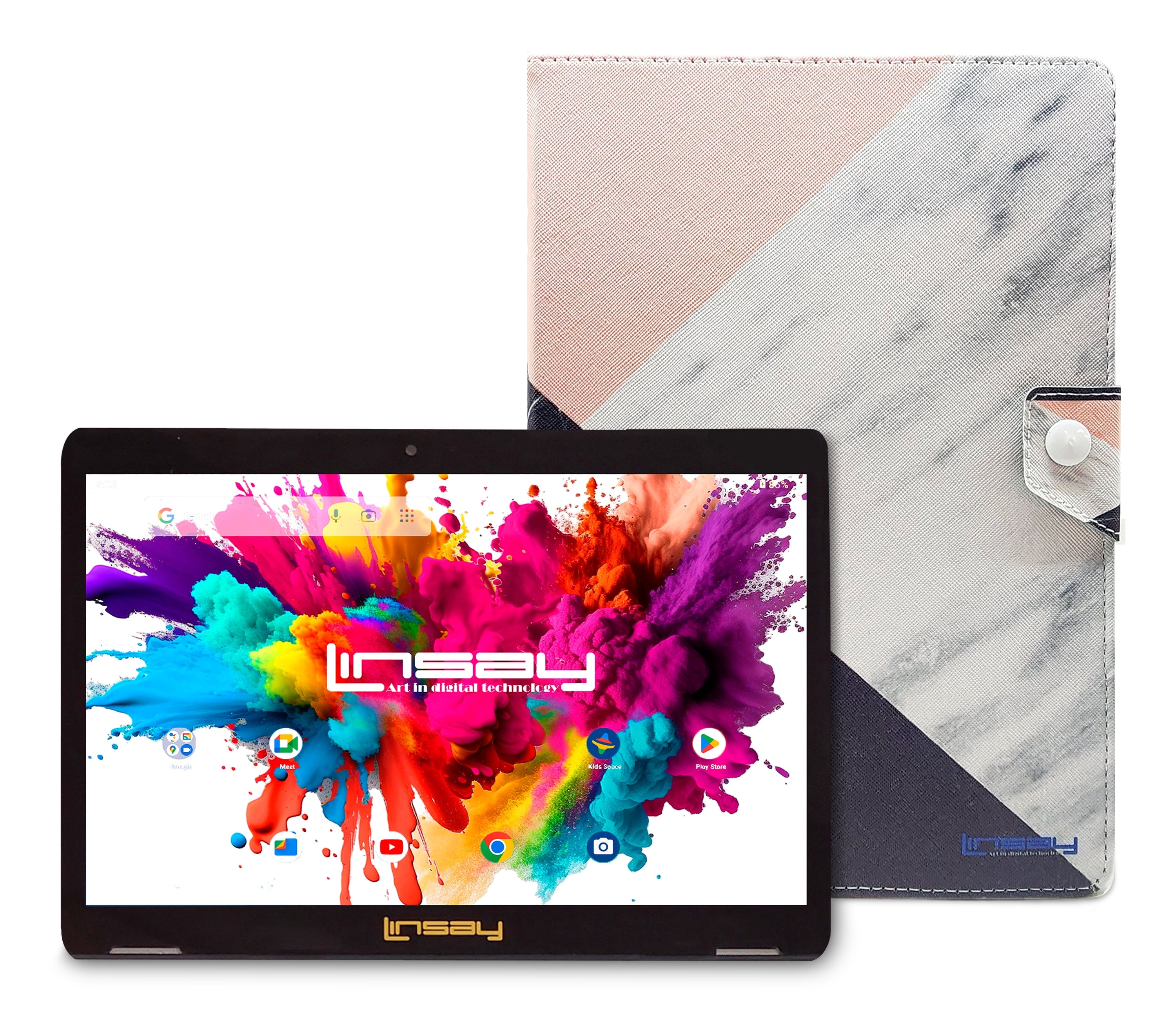 LINSAY 10.1" Octa Core 4GB RAM 128GB Storage Android 15 Tablet with case Black White Pink Marble, Pop Holder and Pen Stylus