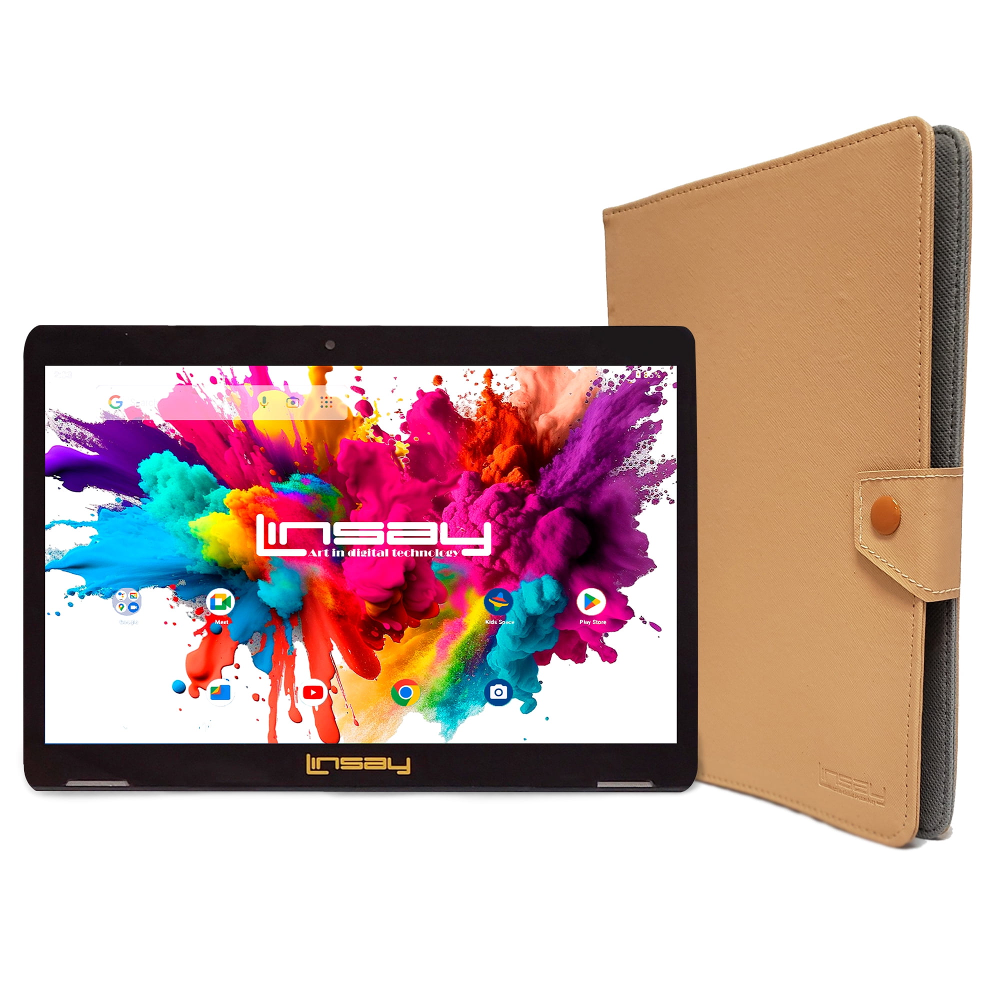 LINSAY 10.1" Octa Core 4GB RAM 128GB Storage Android 13 Tablet with case Light Brown