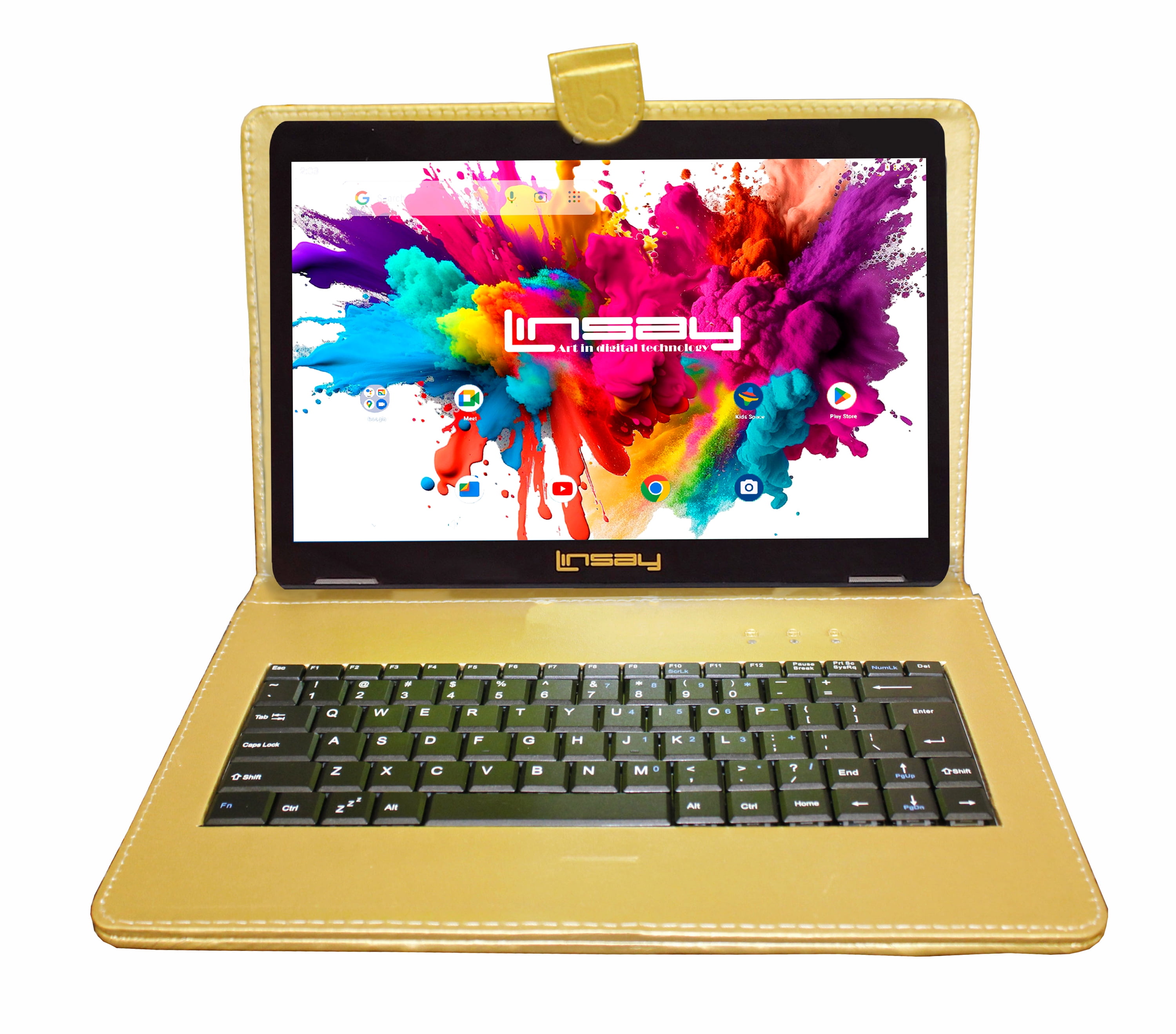 LINSAY 10.1" Octa Core 4GB RAM 128GB Storage Android 13 Tablet with keyboard Golden Leather Keyboard