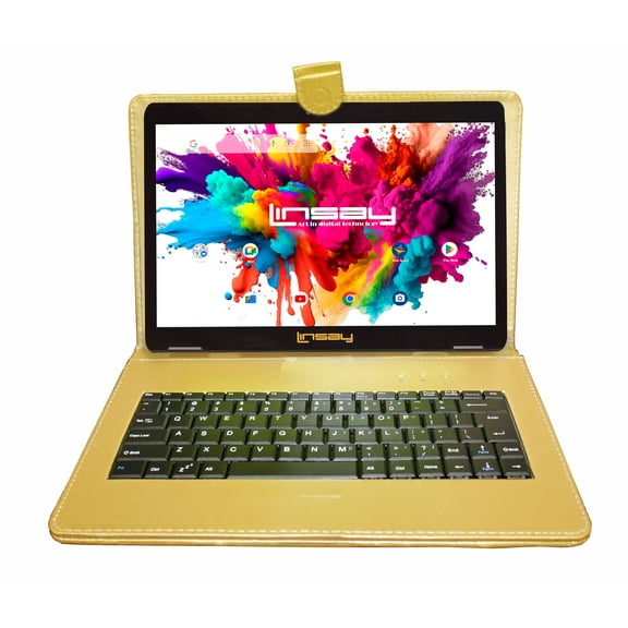 LINSAY 10.1" Octa Core 4GB RAM 128GB Storage Android 13 Tablet with keyboard Golden Leather Keyboard