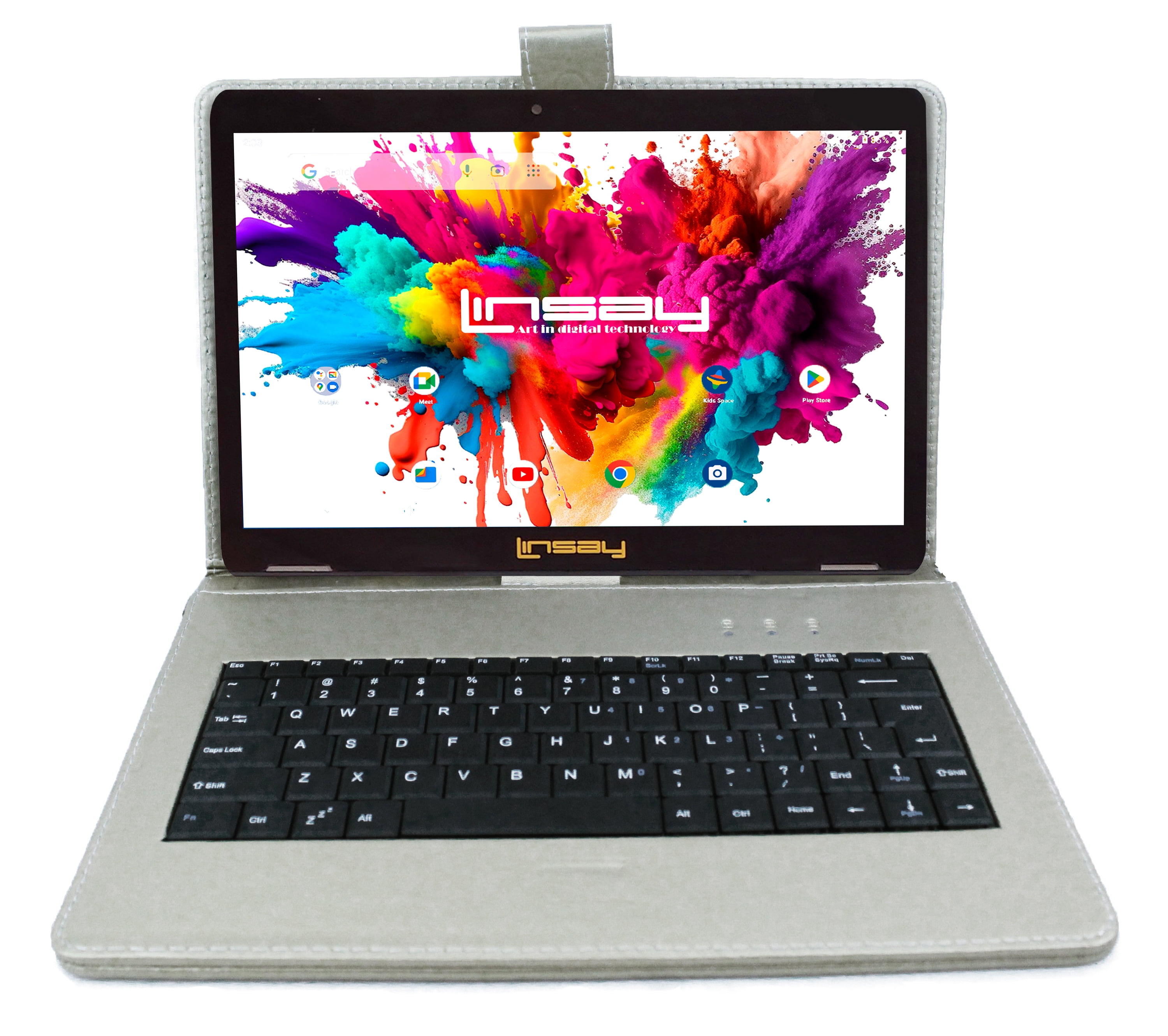 LINSAY 10.1" Octa Core 4GB RAM 128GB Storage Android 13 Tablet with keyboard Silver Leather Keyboard