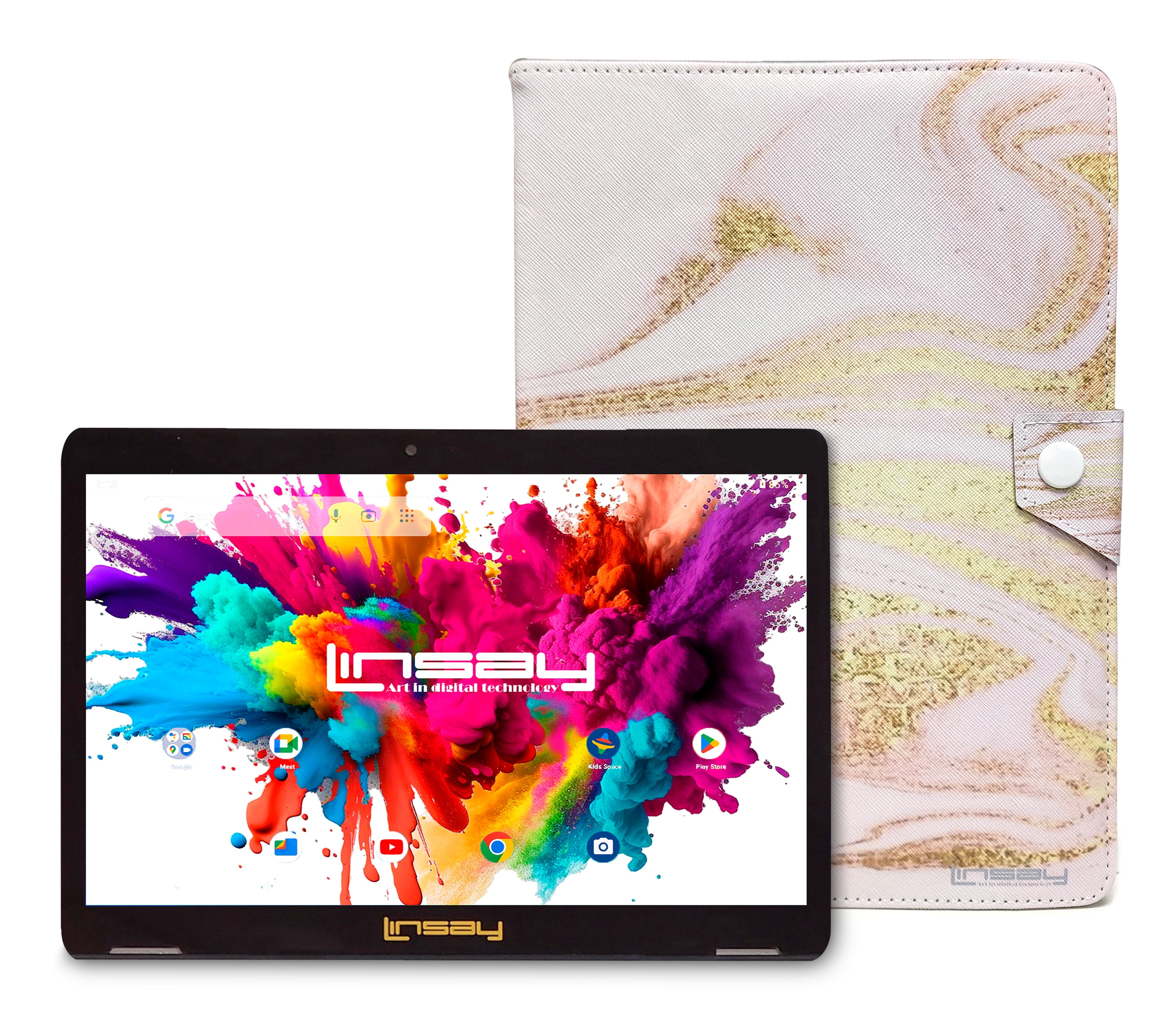 LINSAY 10.1" Octa Core 4GB RAM 128GB Storage Android 15 Tablet with case Pink Glaze Marble, Pop Holder and Pen Stylus