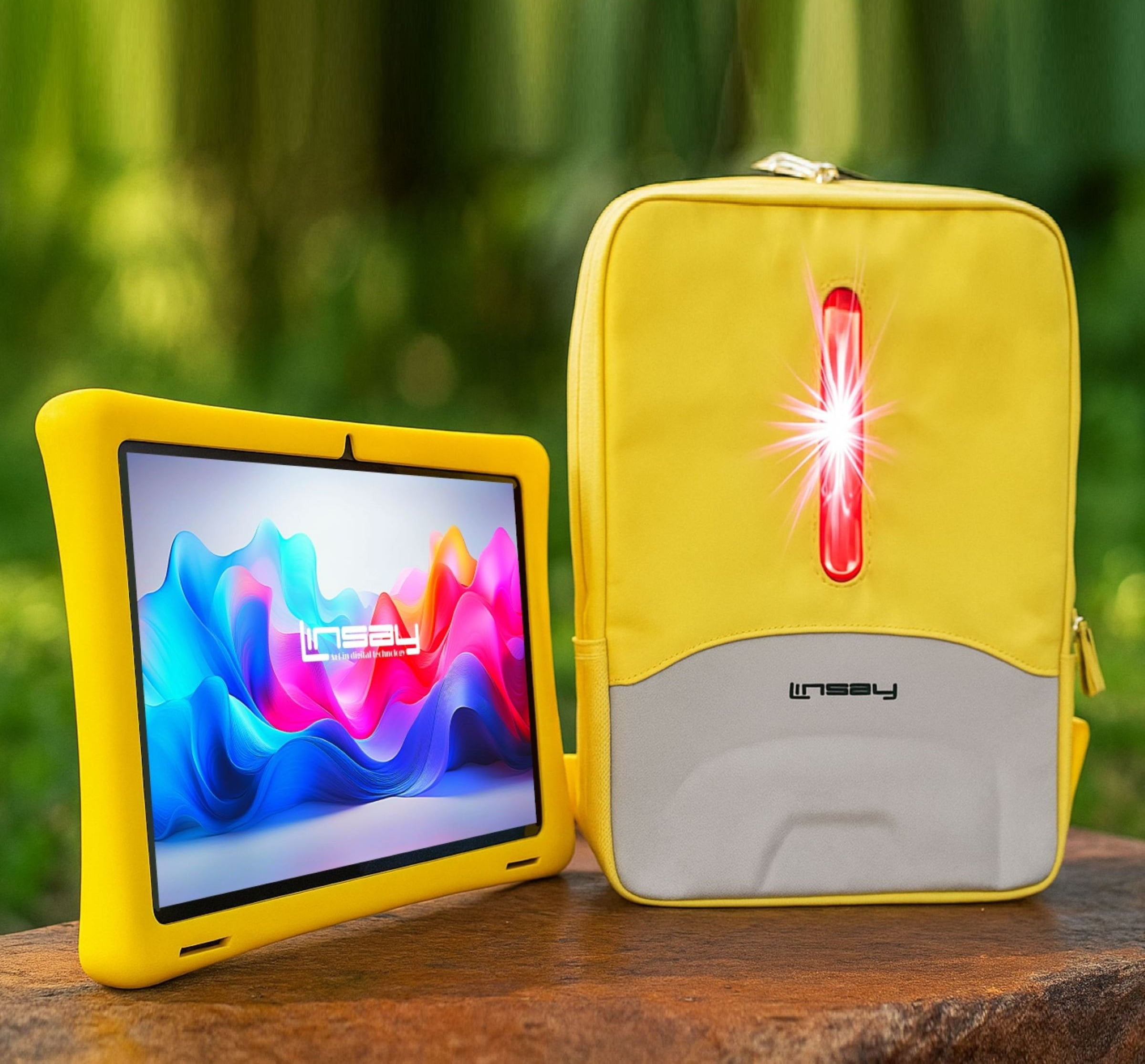 LINSAY 10.1 Octa Core 4GB Ram 128GB Android 15 Tablet for kids, Camera, Apps, Games with Yellow Defender Case, LED Backpack, Earphones, Holder and Pen