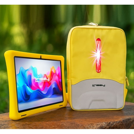 LINSAY 10.1 Octa Core 4GB Ram 128GB Android 15 Tablet for kids, Camera, Apps, Games with Yellow Defender Case, LED Backpack, Earphones, Holder and Pen