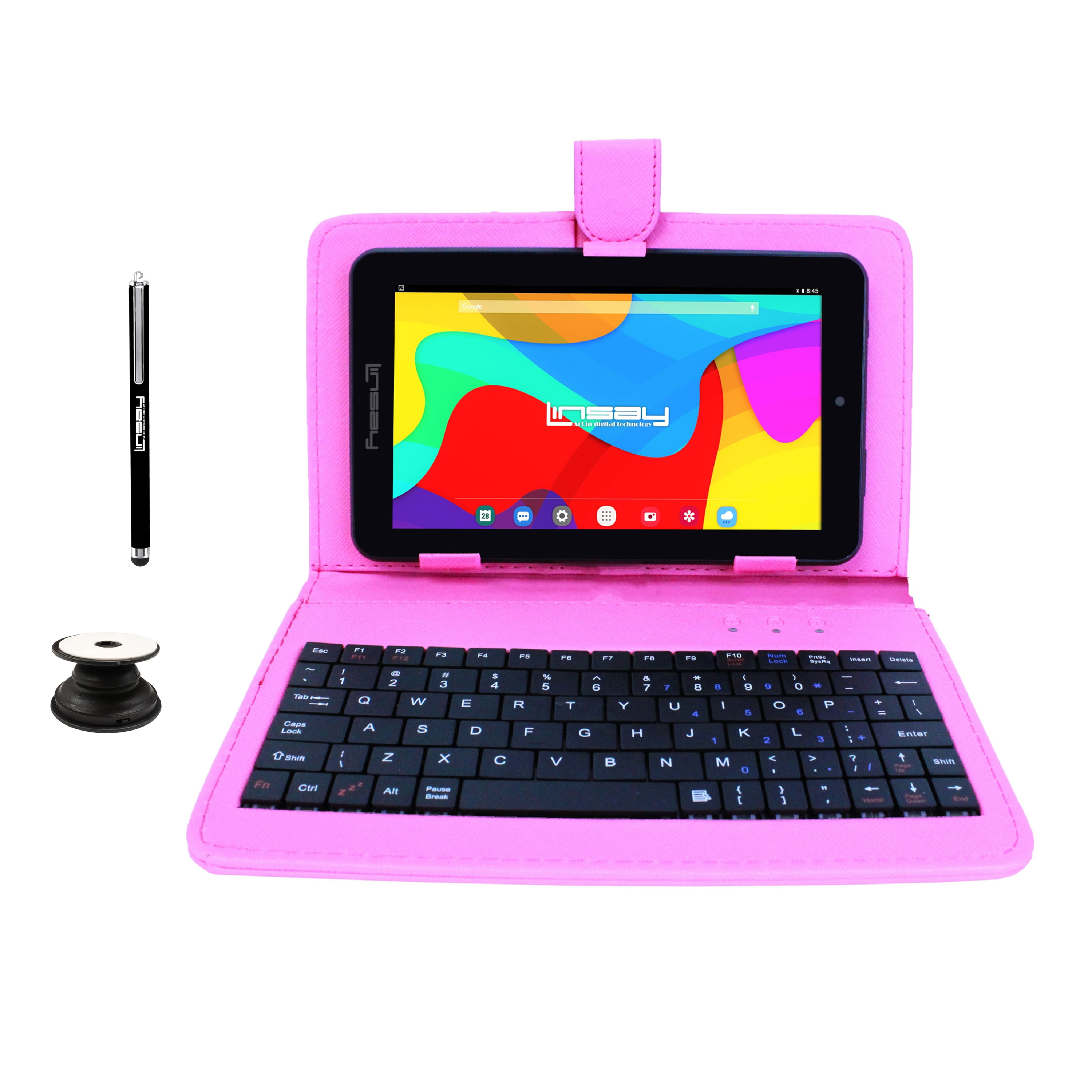 LINSAY 7" 2GB RAM 64GB Android 13 WiFi Tablet with keyboard Pink Leather Keyboard, Pop Holder and Pen Stylus