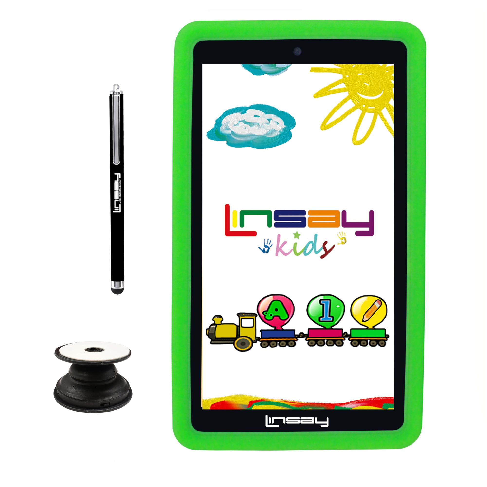 LINSAY 7" Kids tablets 2GB RAM 64GB Android 13 WiFi Tablet for kids, Camera, Apps, Games, Learning Tab for Children with Green Kid-proof Defender Case, Pop Holder and Pen Stylus