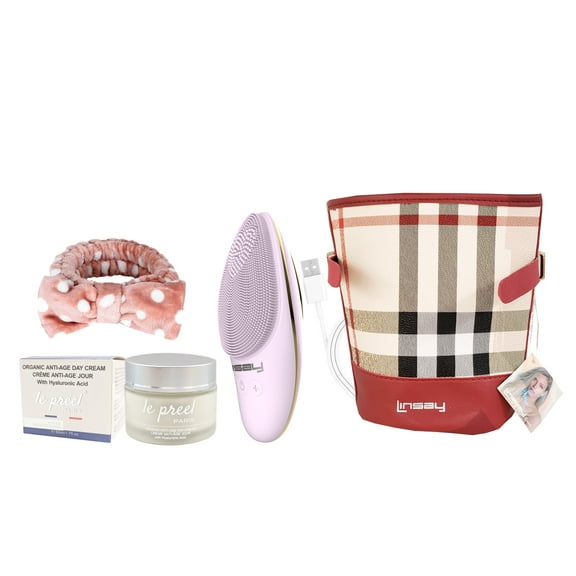 LINSAY Facial Cleansing Brush with LED Photon Therapy Bundle with le preel Paris Organic Day Time Cream, USB Cable, Headband and Bag