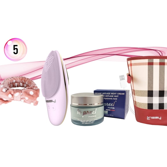 LINSAY Facial Cleansing Brush with LED Photon Therapy Bundle with le preel Paris Organic Night Time Cream, USB Cable, Headband and Bag