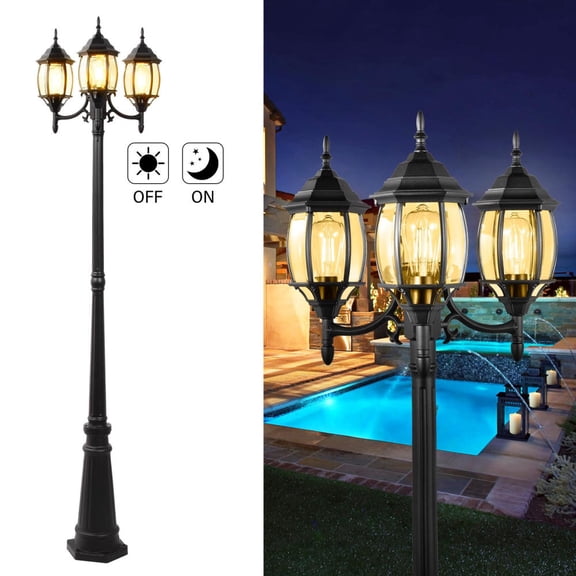 LINSHESF Triple-Head Outdoor Post Light with Clear Glass, Dusk to Dawn Sensor Waterproof LED Street Light, Black Aluminum Pole for Garden Yard Driveway