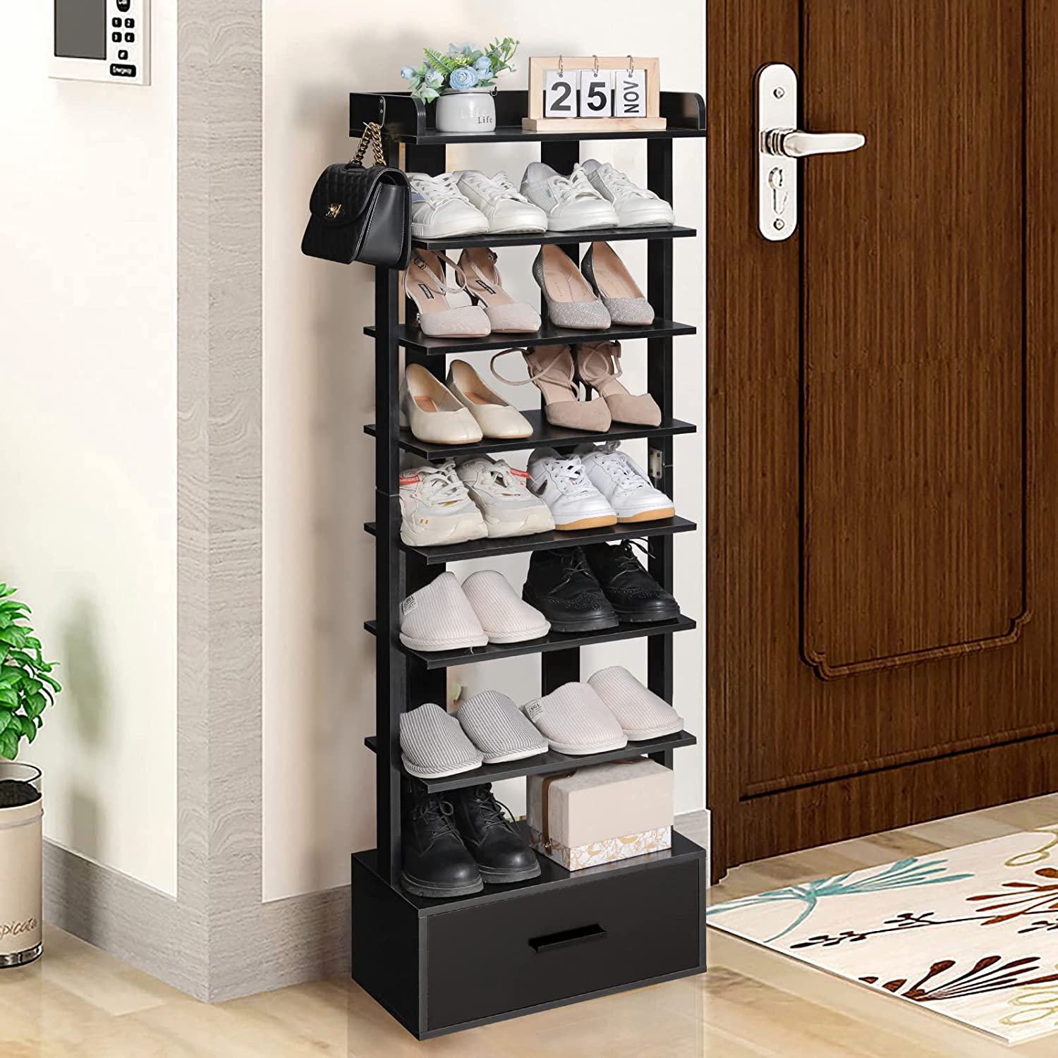 LINSHUI Large Vertical Shoe Rack, 8 Tiers Wooden Shoes Racks with