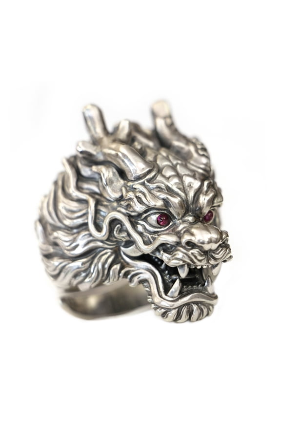 PurpleRed CZ Eyes 925 Sterling Silver Details Dragon Ring TA455 US Size 10